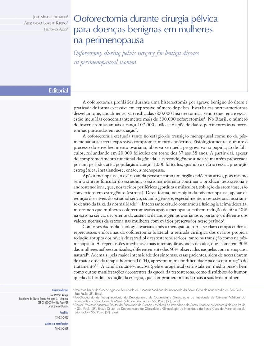 PDF) Ooforectomia durante cirurgia pélvica para doenças benignas