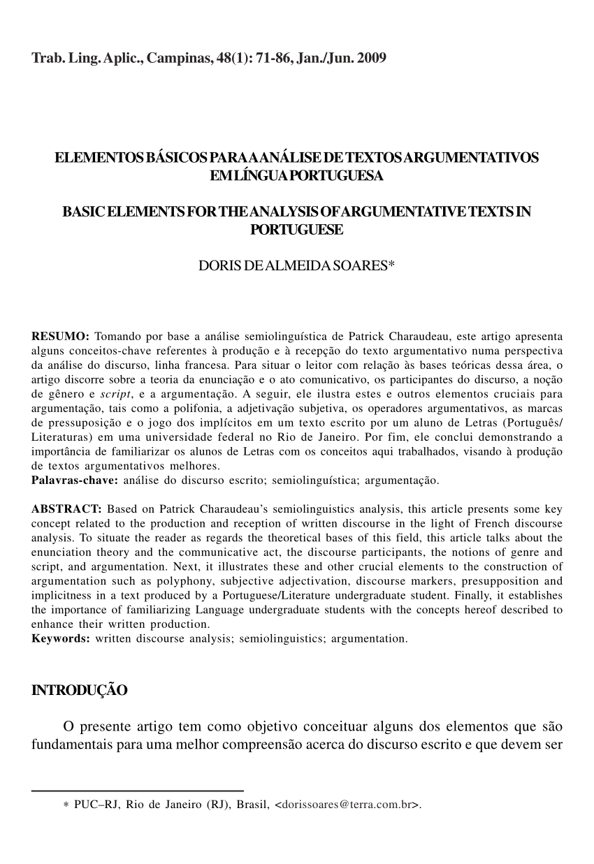 Pdf Elementos Básicos Para A Análise De Textos Argumentativos Em Língua Portuguesa 8932