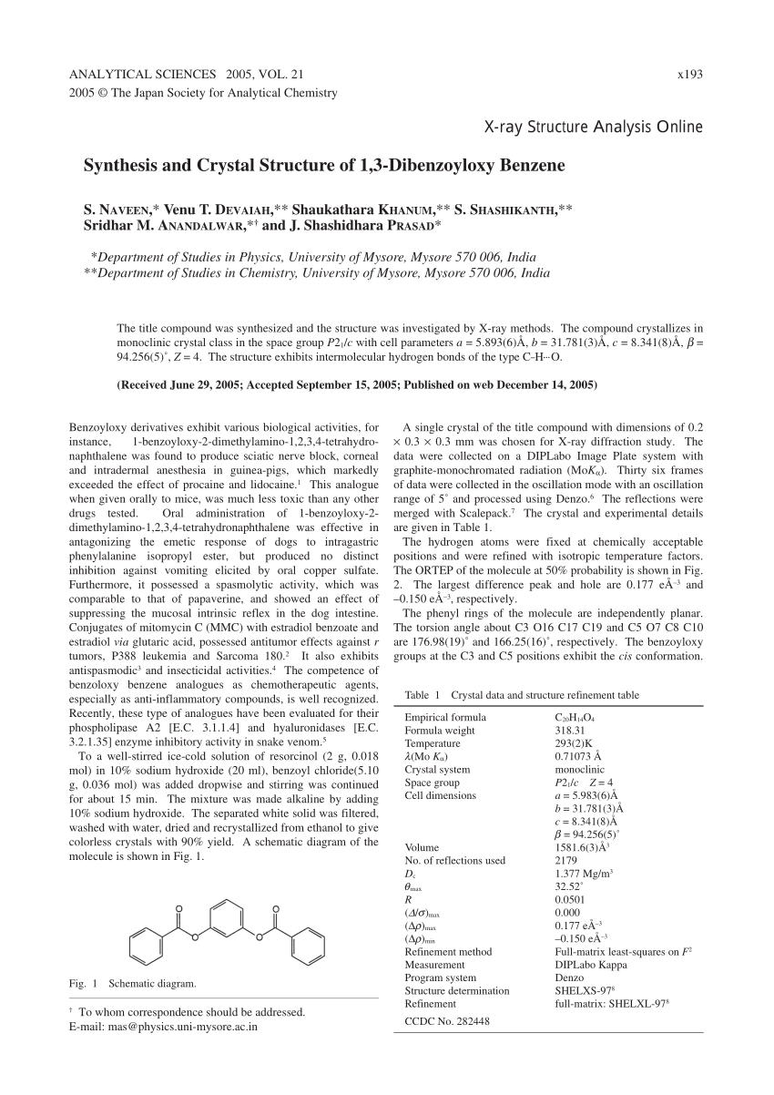 Pdf Synthesis And Crystal Structure Of 1 3 Dibenzoyloxy Benzene