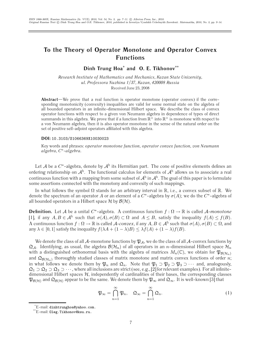 (PDF) To the theory of operator monotone and operator convex functions