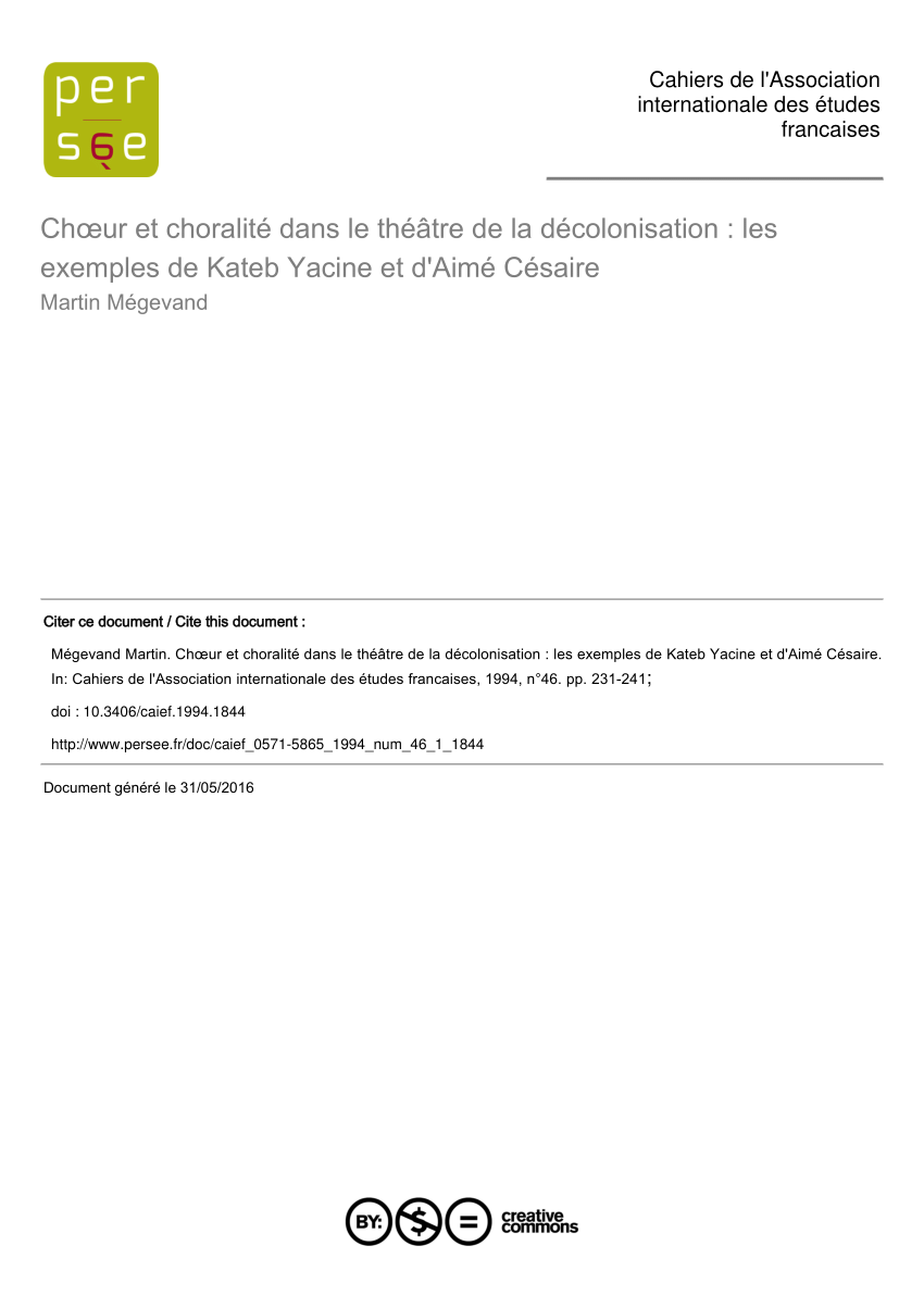 Pdf Chœur Et Choralite Dans Le Theatre De La Decolonisation Les Exemples De Kateb Yacine Et D Aime Cesaire