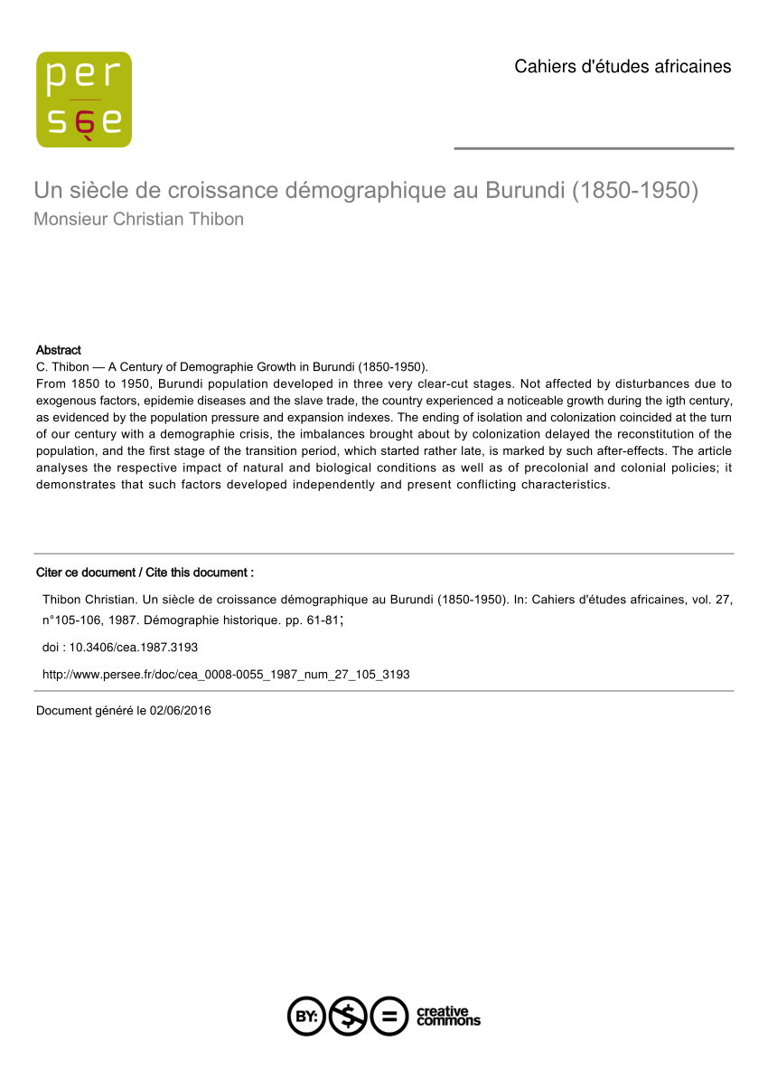 Pdf Un Siecle De Croissance Demographique Au Burundi 1850 1950