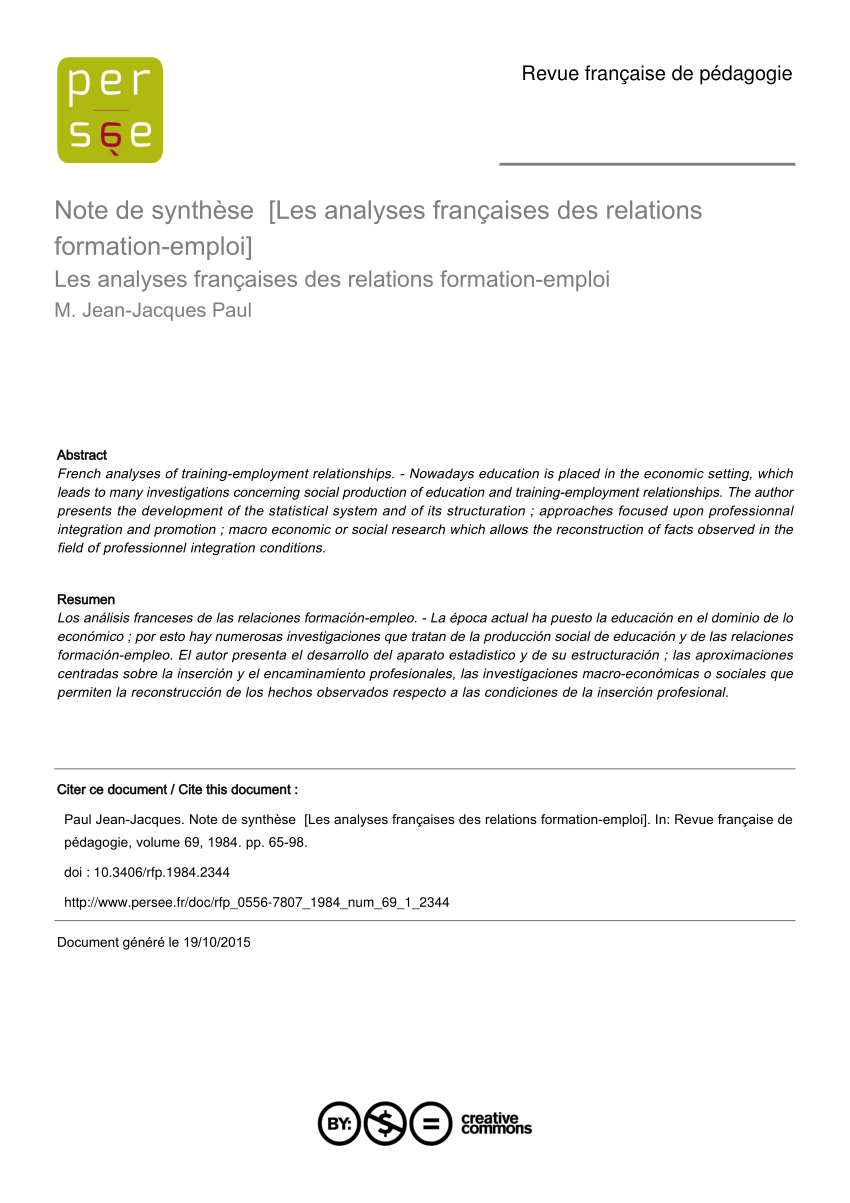 Pdf Note De Synthese Les Analyses Francaises Des Relations Formation Emploi