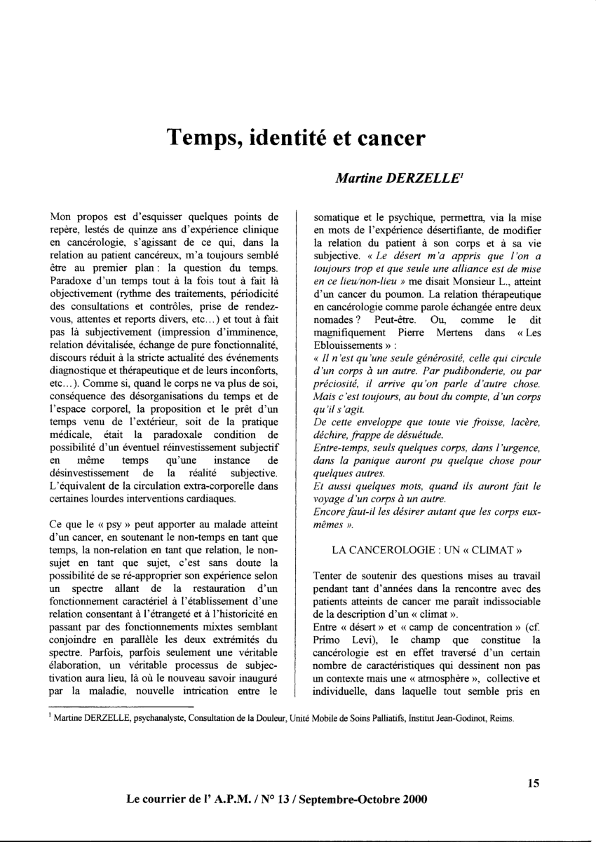 Pdf Temps Identite Cancer