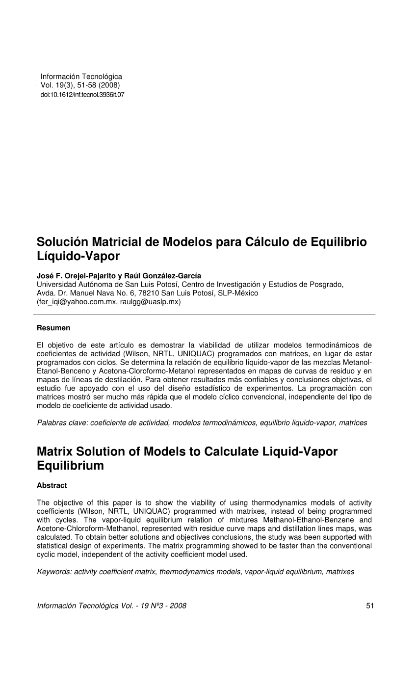 PDF) Solución Matricial de Modelos para Cálculo de Equilibrio Líquido-Vapor