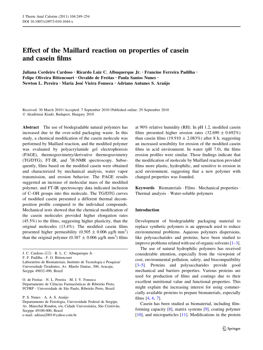 Pdf Effect Of The Maillard Reaction On Properties Of Casein And Casein Films