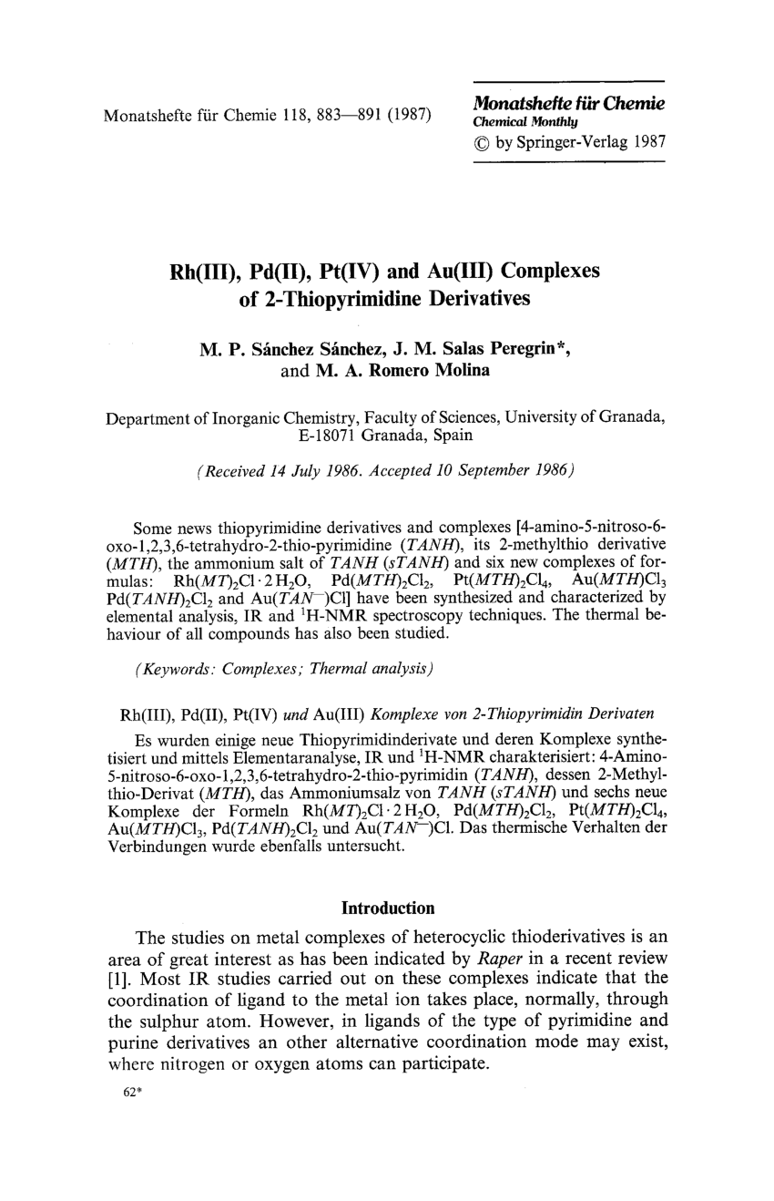 (PDF) Rh(III), Pd(II), Pt(IV) and Au(III) complexes of 2-thiopyrimidine Sns-Brigh10