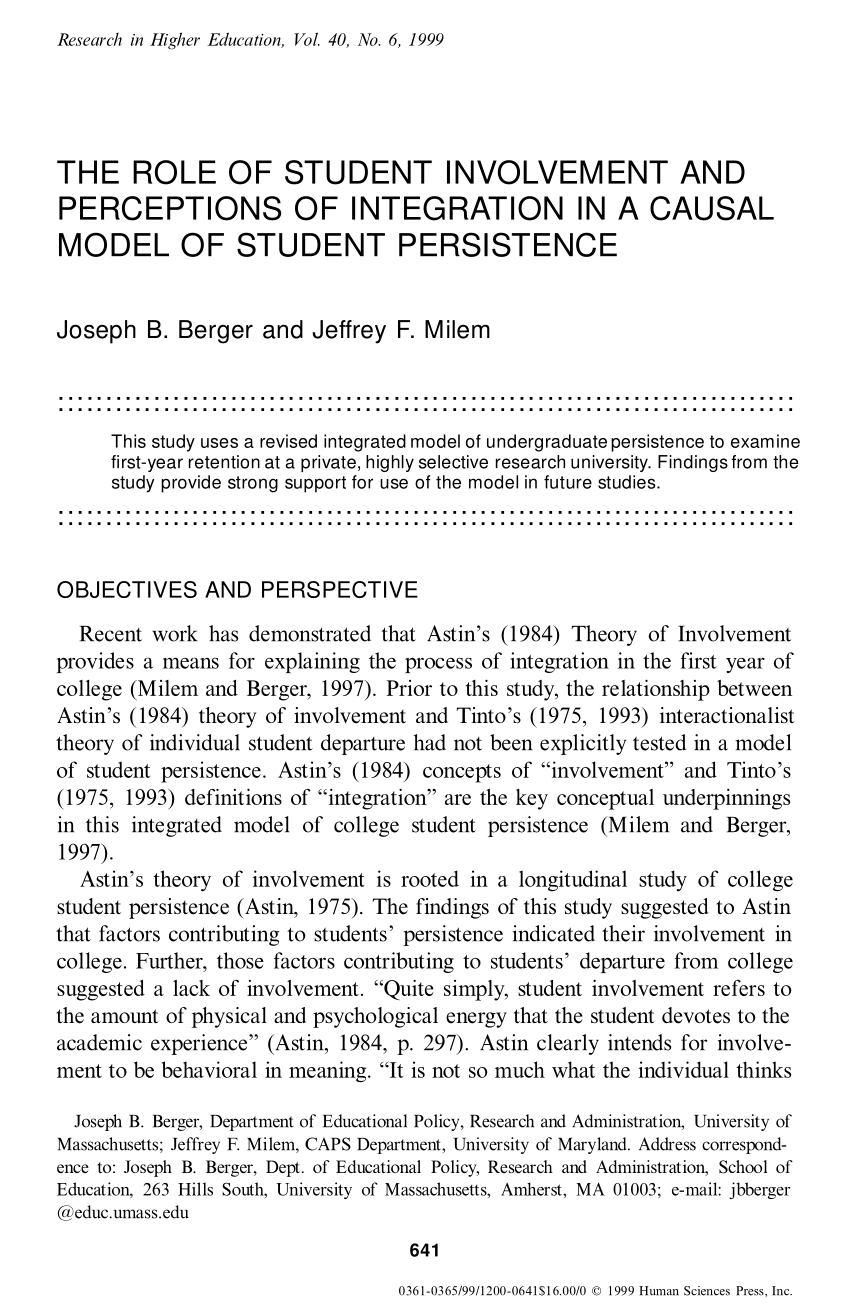 Pdf The Role Of Student Involvement And Perceptions Of Integration In A Causal Model Of Student Persistence