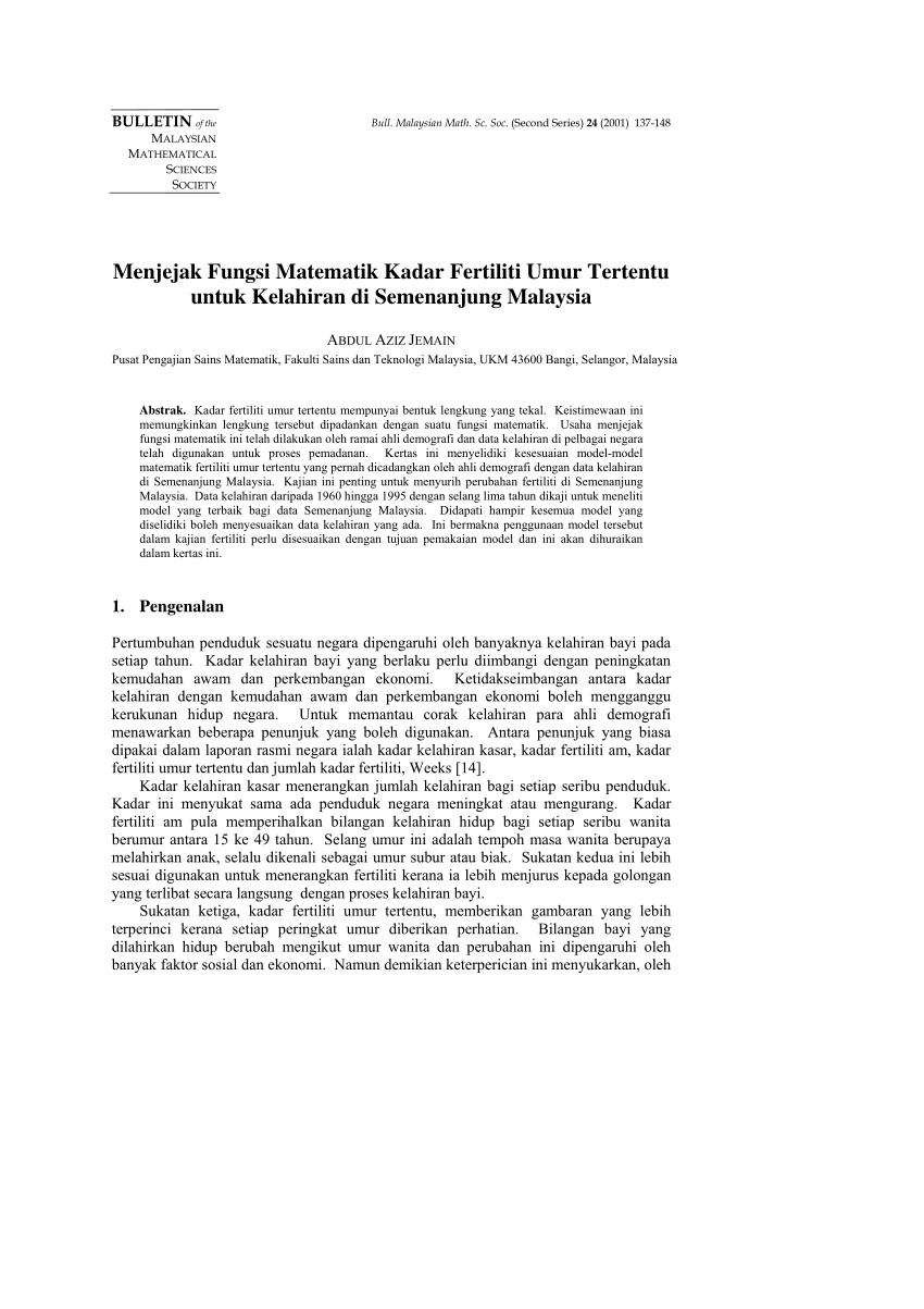Pdf Menjejak Fungsi Matematik Kadar Fertiliti Umur Tertentu Untuk Kelahiran Di Semenanjung Malaysia