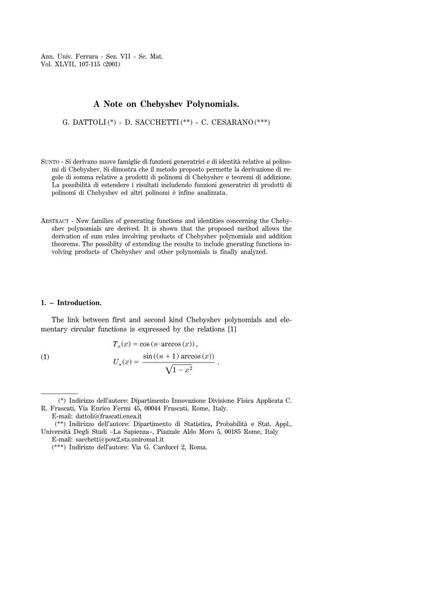 Pdf A Note On Chebyshev Polynomials