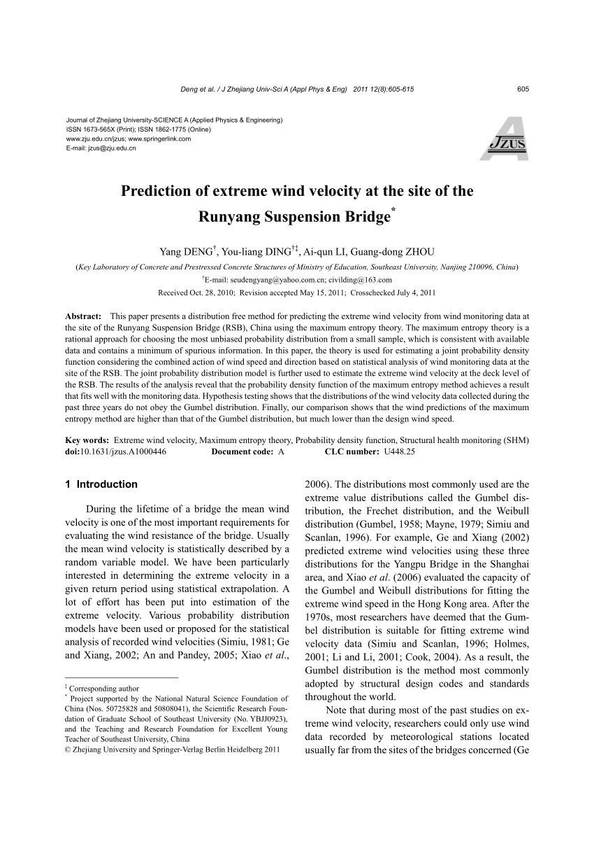 Pdf Prediction Of Extreme Wind Velocity At The Site Of Runyang Suspension Bridge