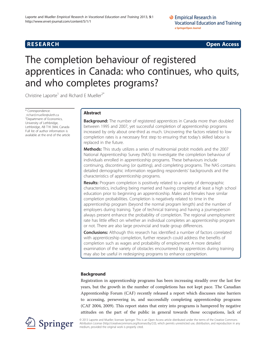 Pdf The Completion Behaviour Of Registered Apprentices Who Continues Who Quits And Who Completes Programs