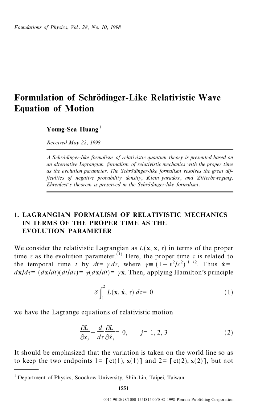 Pdf Formulation Of Schrodinger Like Relativistic Wave Equation Of Motion