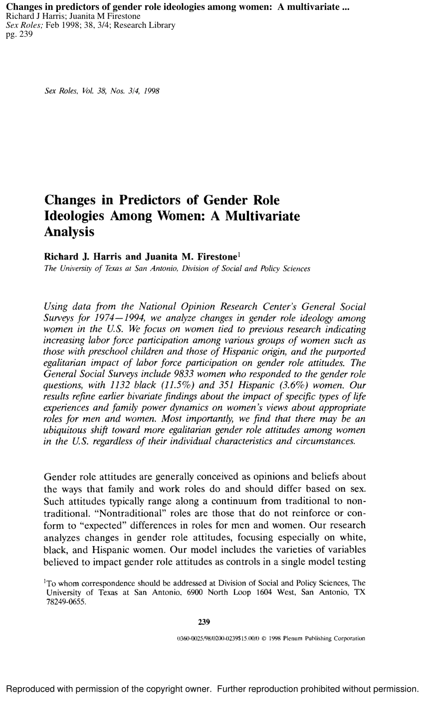 PDF) Changes in Predictors of Gender Role Ideologies Among Women A Multivariate Analysis