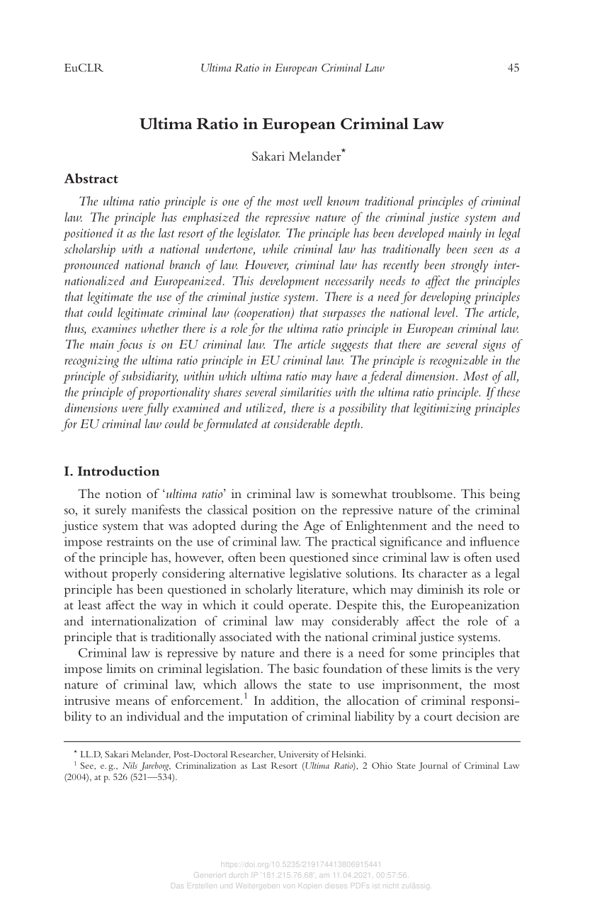 Pdf Ultima Ratio In European Criminal Law