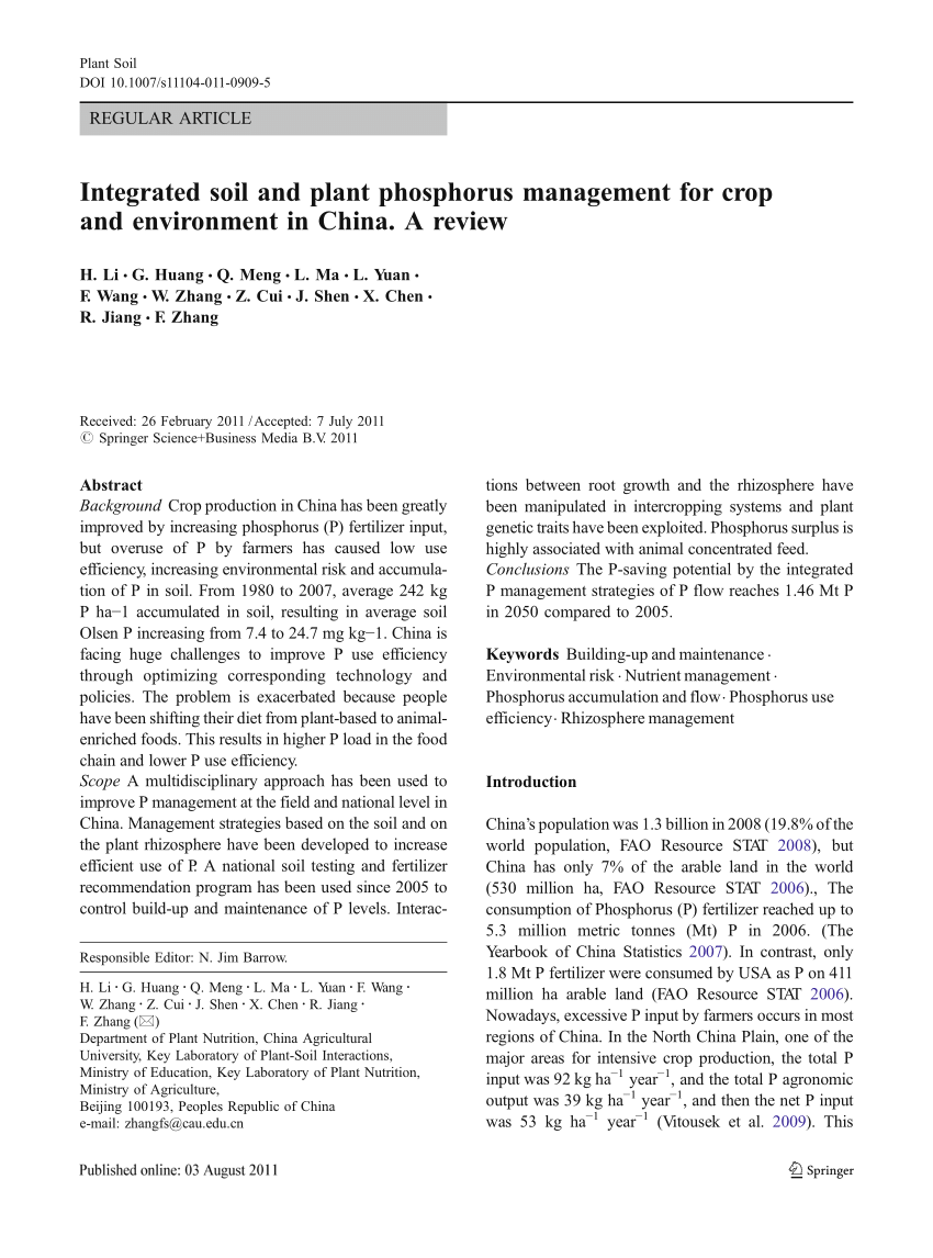 Pdf Erratum To Integrated Soil And Plant Phosphorus Management For Crop And Environment In China A Review