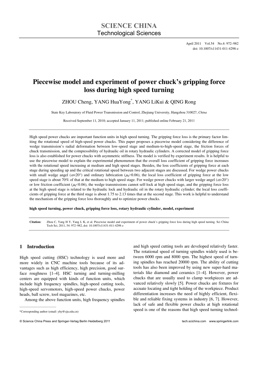 PDF) Piecewise model and experiment of power chuck's gripping force loss  during high speed turning