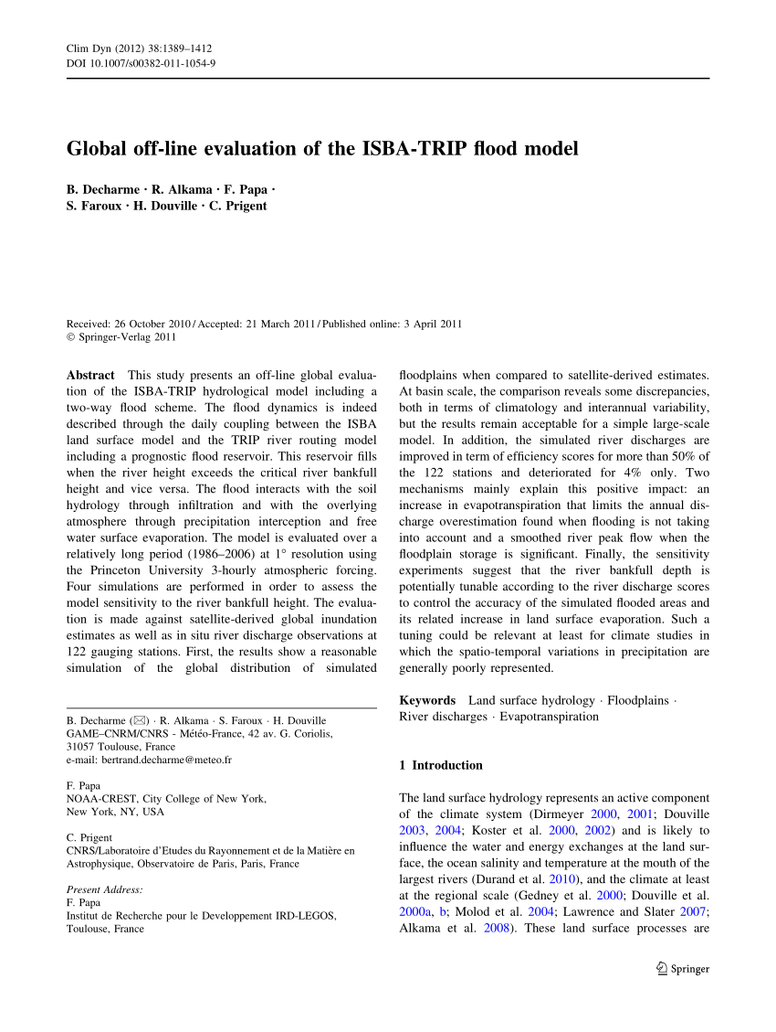 Pdf Global Off Line Evaluation Of The Isba Trip Flood Model