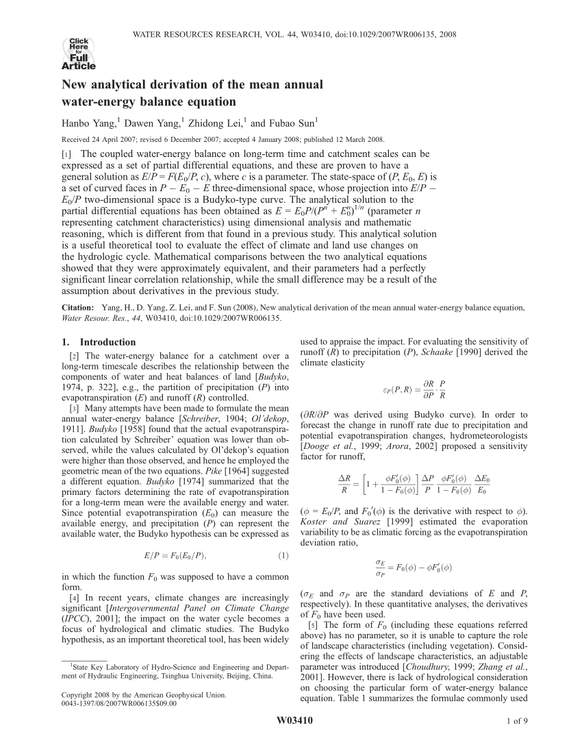 Pdf New Analytical Derivation Of The Mean Annual Water Energy Balance Equation