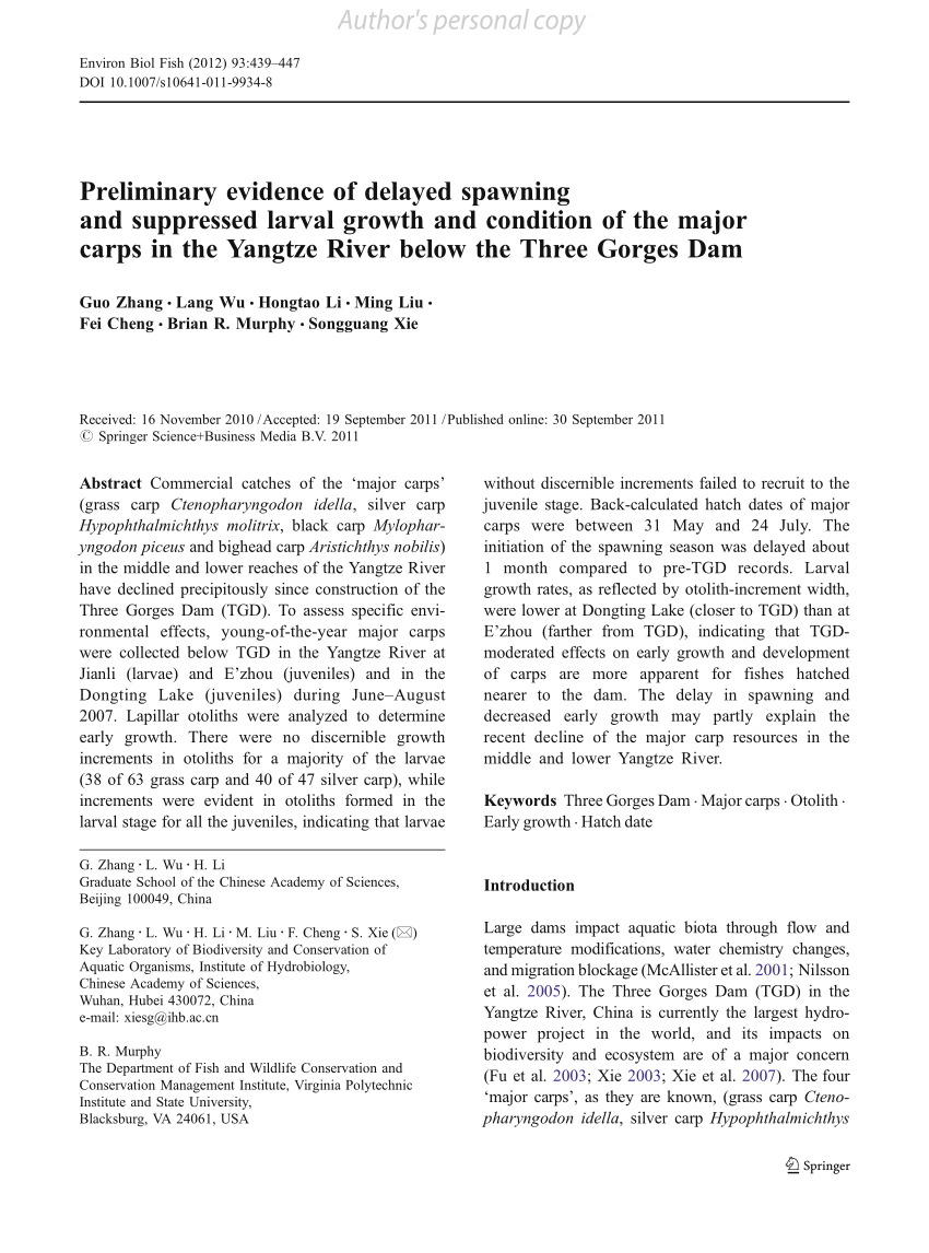 Pdf Preliminary Evidence Of Delayed Spawning And Suppressed Larval Growth And Condition Of The Major Carps In The Yangtze River Below The Three Gorges Dam