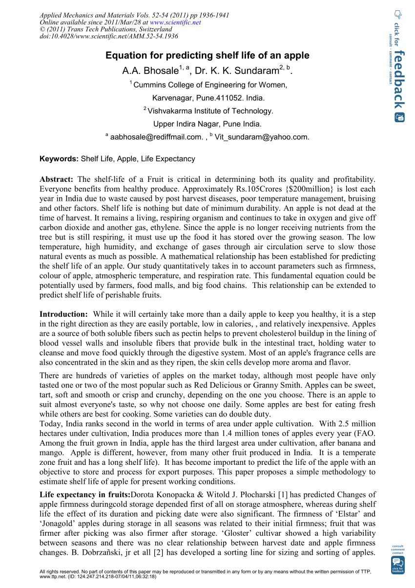 Pdf Equation For Predicting Shelf Life Of An Apple