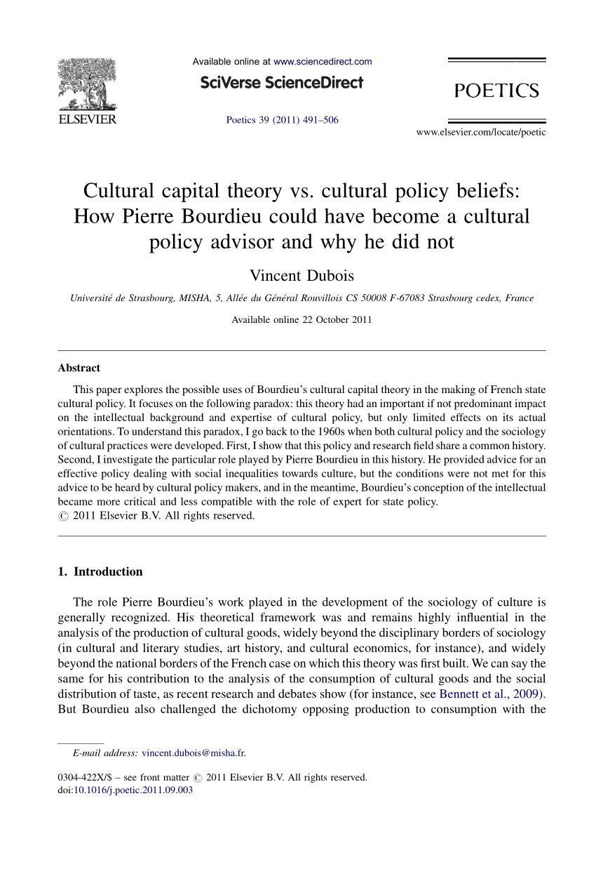 Pdf Cultural Capital Theory Vs Cultural Policy Beliefs How Pierre Bourdieu Could Have Become A Cultural Policy Advisor And Why He Did Not
