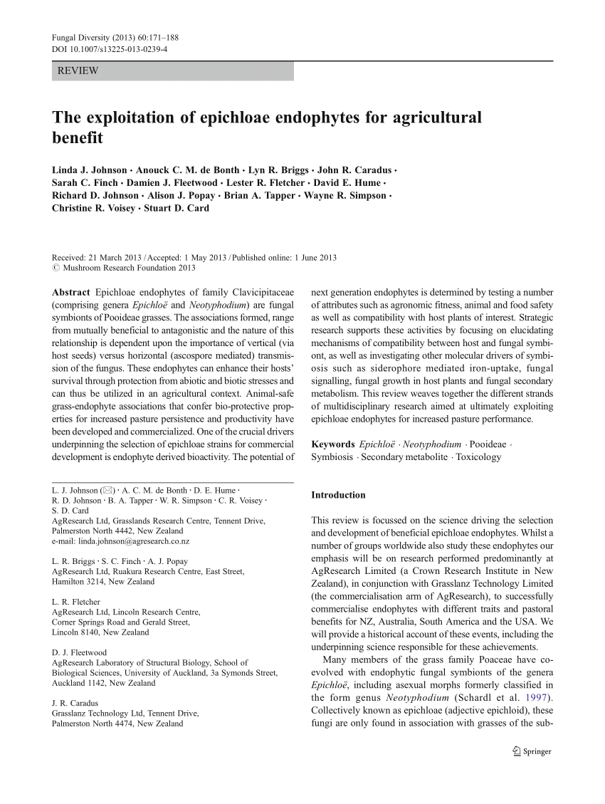 Pdf The Exploitation Of Epichloae Endophytes For Agricultural Benefit