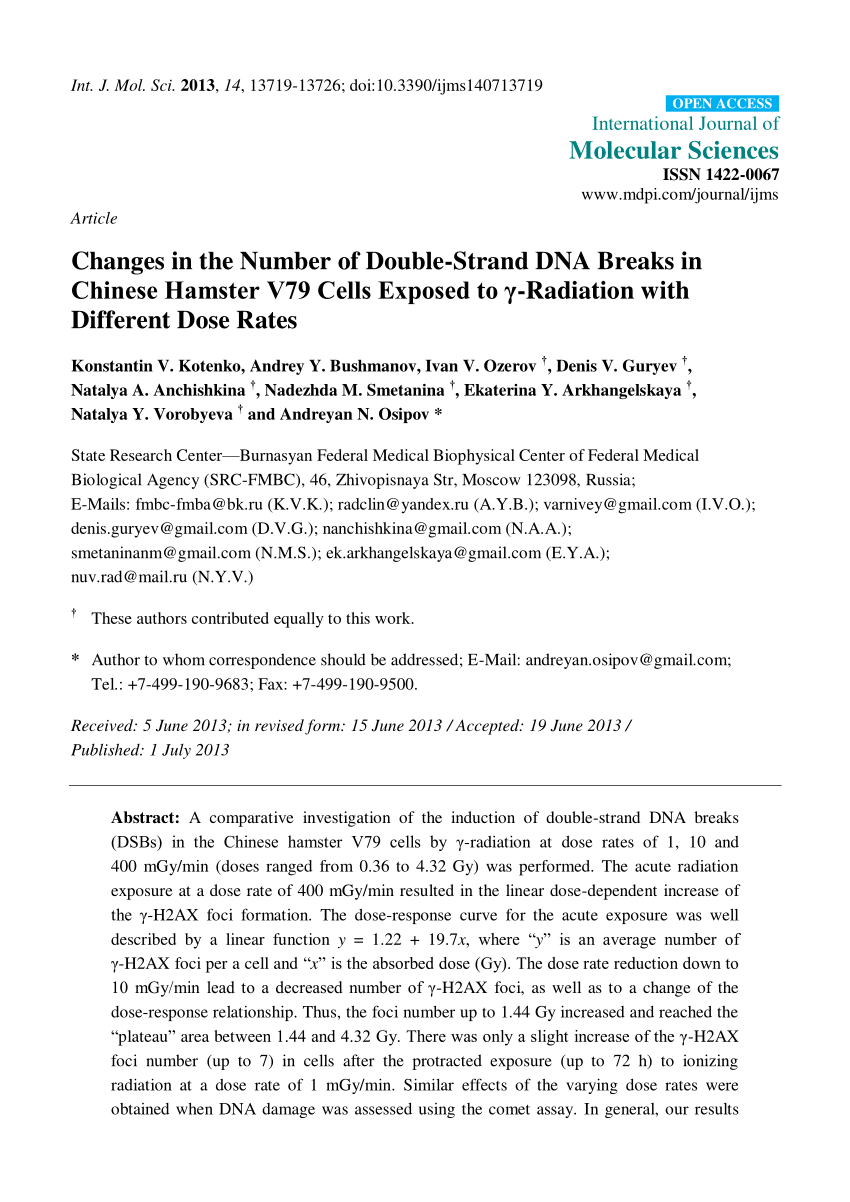 Pdf Changes In The Number Of Double Strand Dna Breaks In Chinese Hamster V79 Cells Exposed To G Radiation With Different Dose Rates