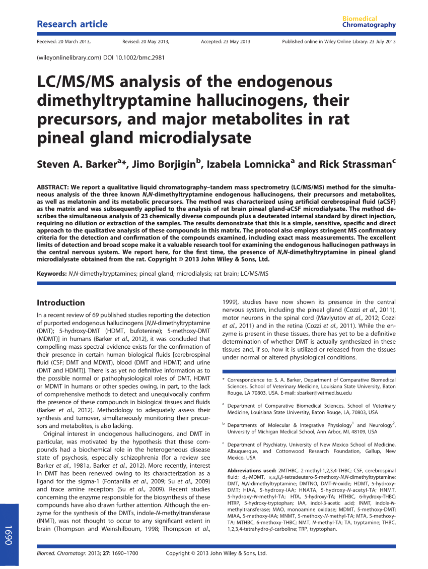 Pdf Lc Ms Ms Analysis Of The Endogenous Dimethyltryptamine Hallucinogens Their Precursors And Major Metabolites In Rat Pineal Gland Microdialysate