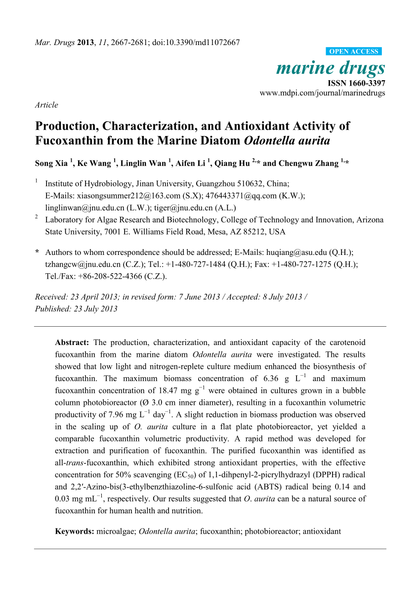 Pdf Production Characterization And Antioxidant Activity Of Fucoxanthin From The Marine Diatom Odontella Aurita
