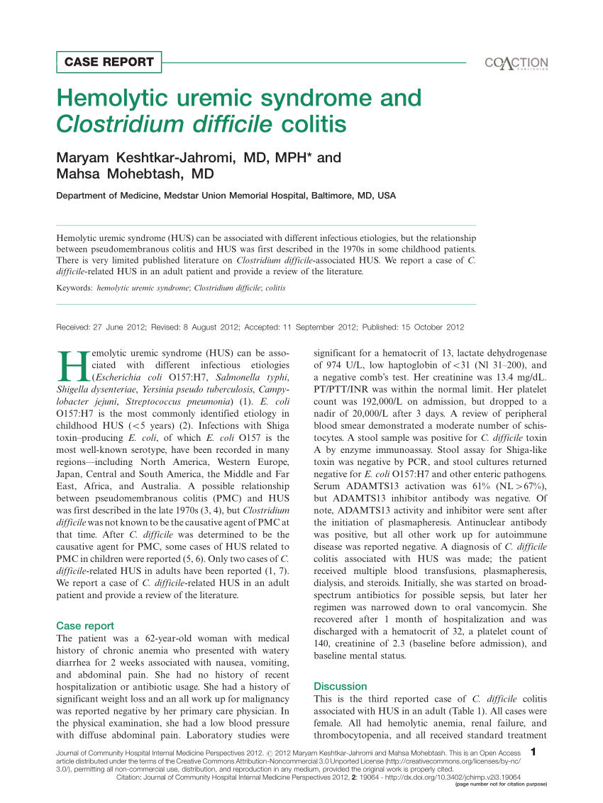 (PDF) Hemolytic uremic syndrome and Clostridium difficile ...