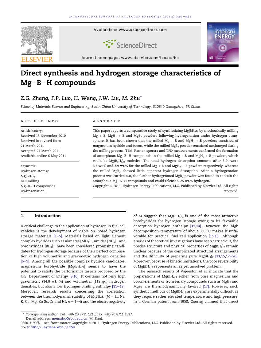 PDF) Direct synthesis and hydrogen storage characteristics of Mg–B 