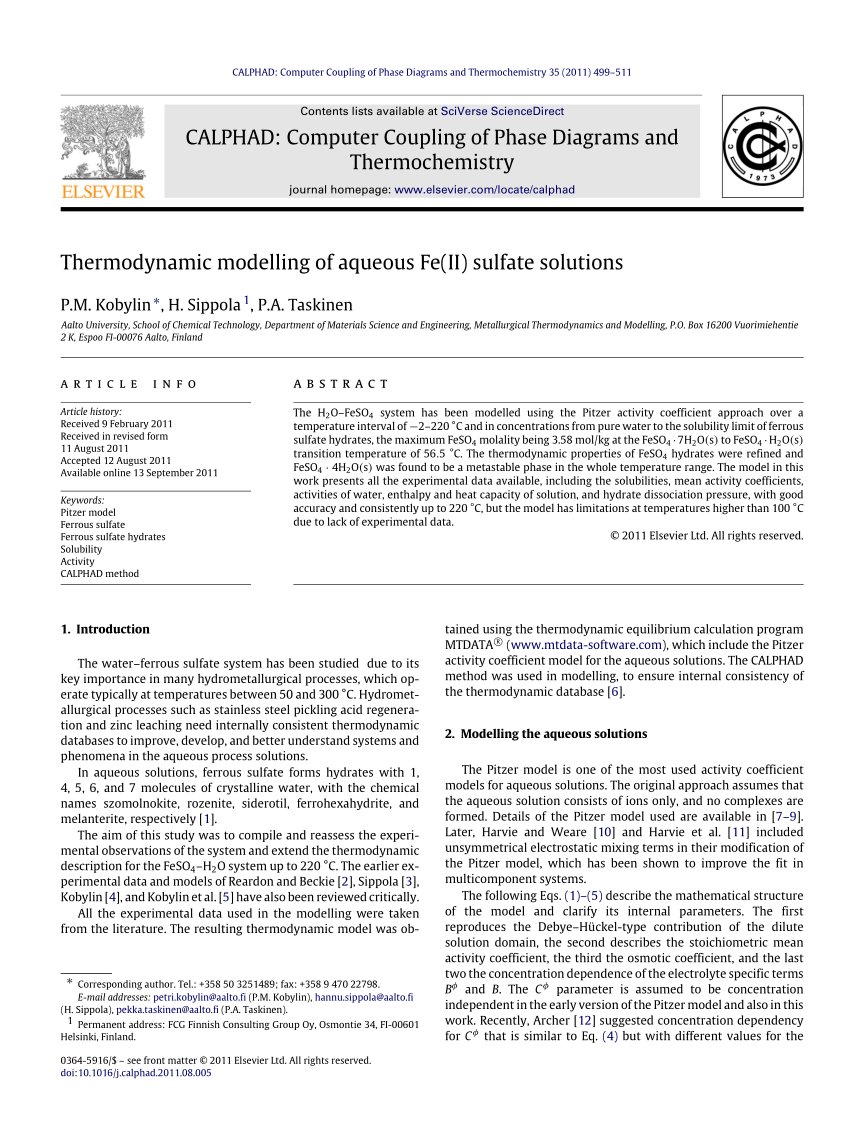 Pdf Thermodynamic Modelling Of Aqueous Fe Ii Sulfate Solutions