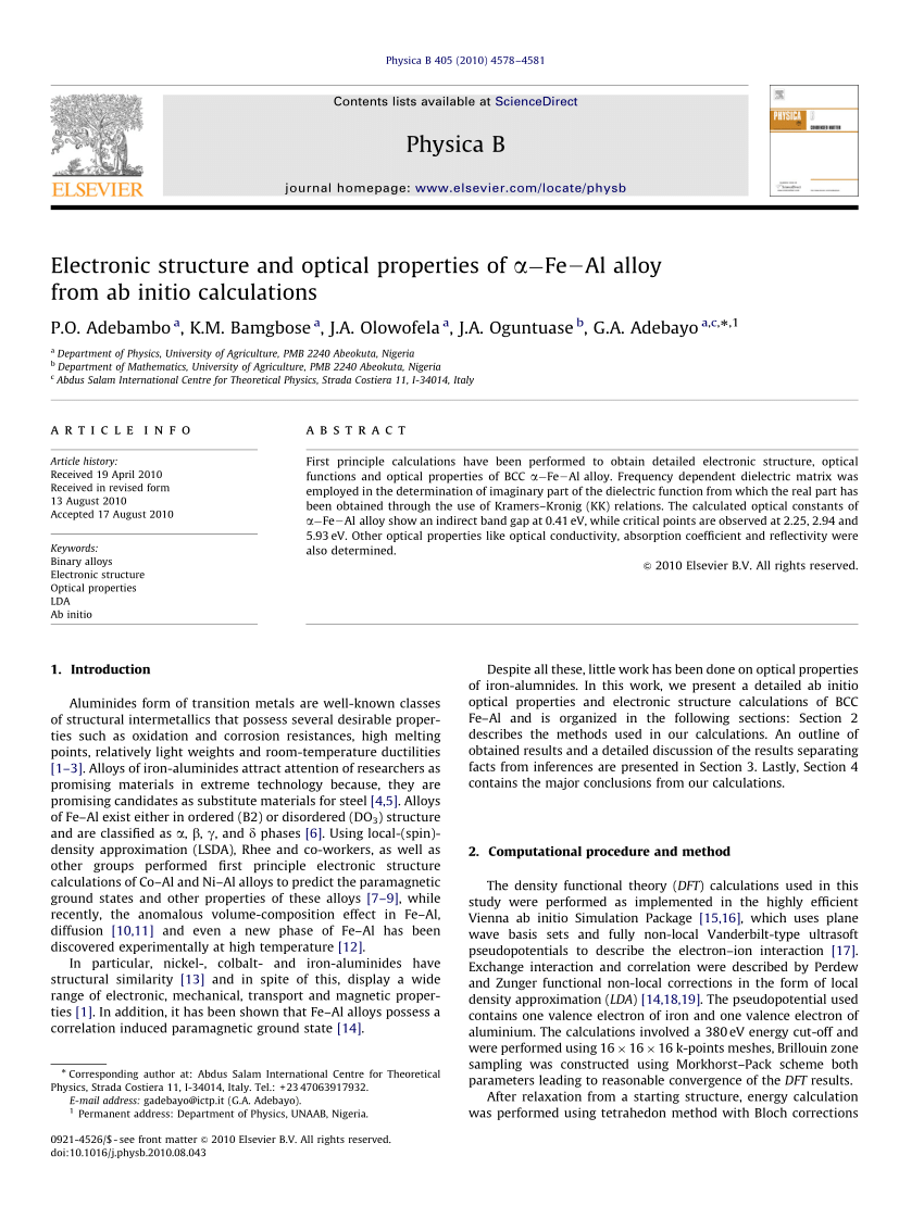 Pdf Electronic Structure And Optical Properties Of A Fe Al Alloy From Ab Initio Calculations