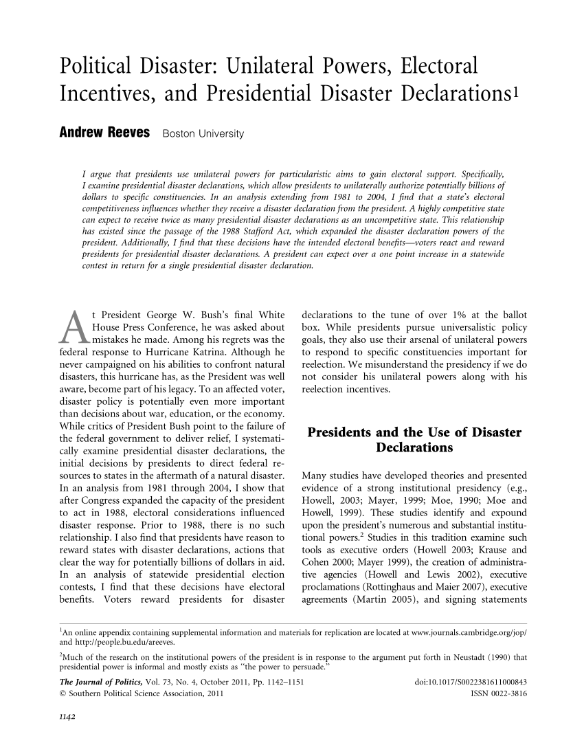 (PDF) Political Disaster? Presidential Disaster Declarations and