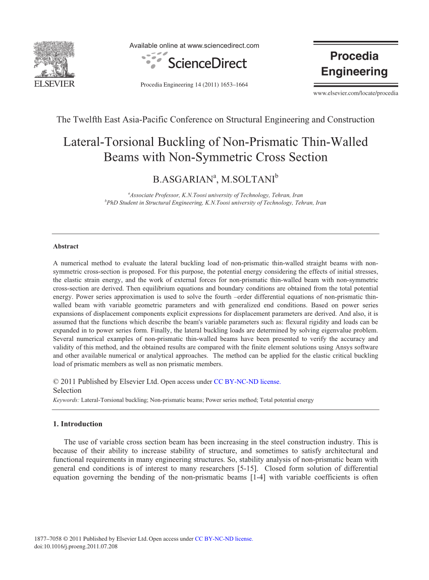 Pdf Lateral Torsional Buckling Of Non Prismatic Thin Walled Beams With Non Symmetric Cross Section