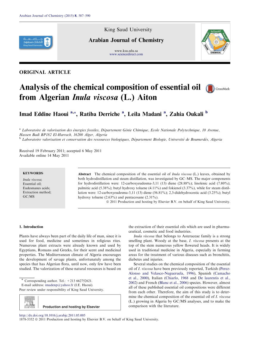 Pdf Analysis Of The Chemical Composition Of Essential Oil From Algerian Inula Viscosa L Aiton