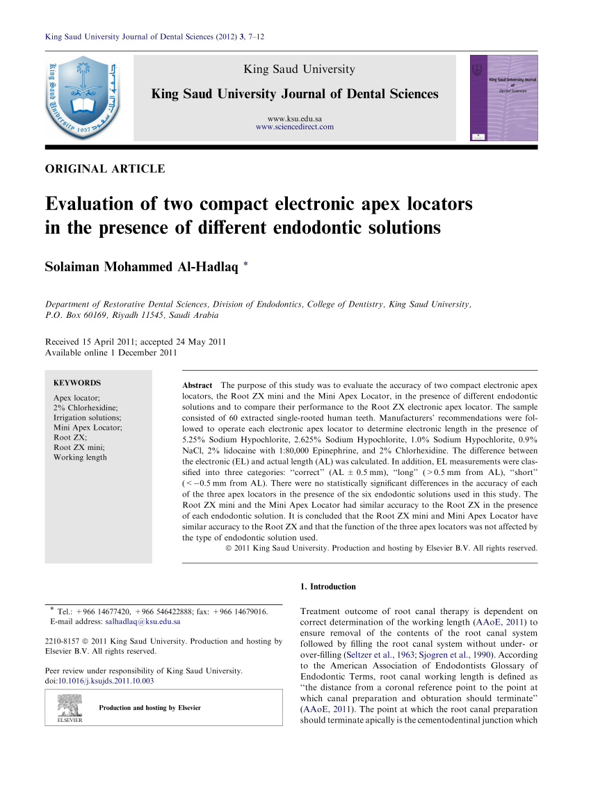 PDF) Evaluation of Two Compact Electronic Apex Locators in The 