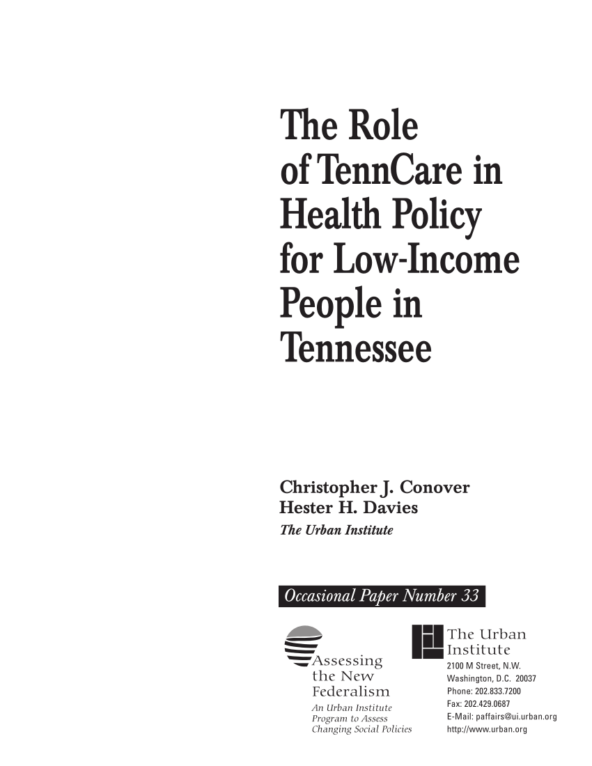 (PDF) An Urban Institute Program to Assess Changing Social Policies The