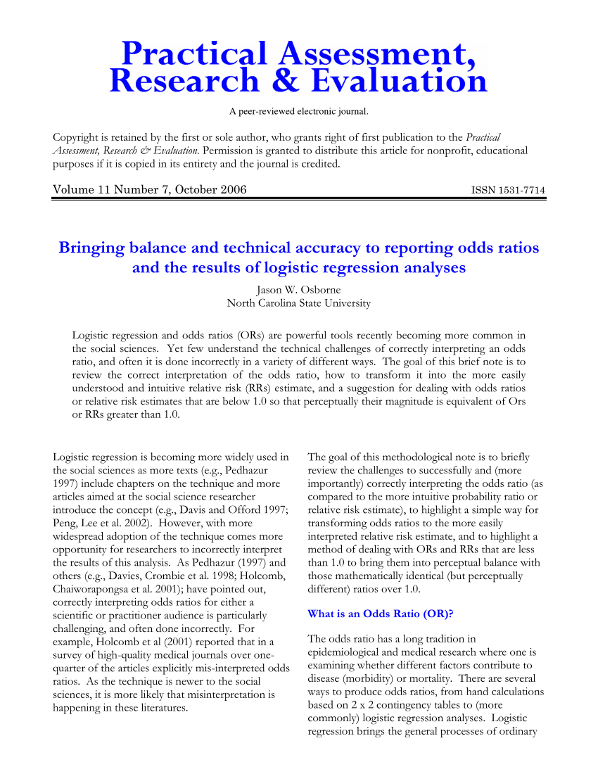 Pdf Bringing Balance And Technical Accuracy To Reporting Odds Ratios And The Results Of Logistic Regression Analyses