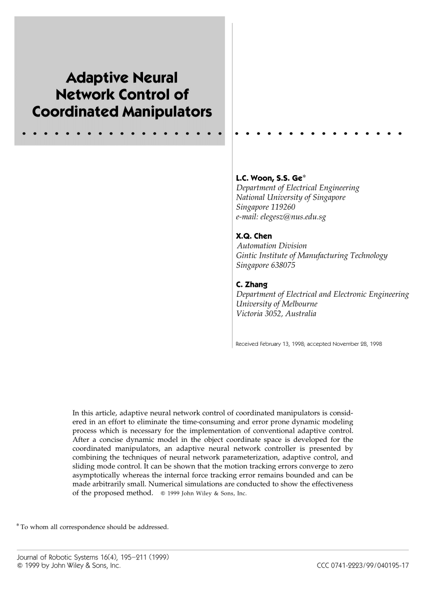 Pdf Adaptive Neural Network Control Of Coordinated Manipulators