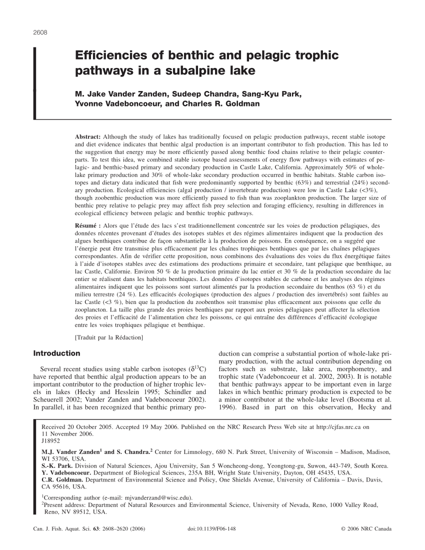PDF) Efficiencies of benthic and pelagic trophic pathways in a subalpine  lake