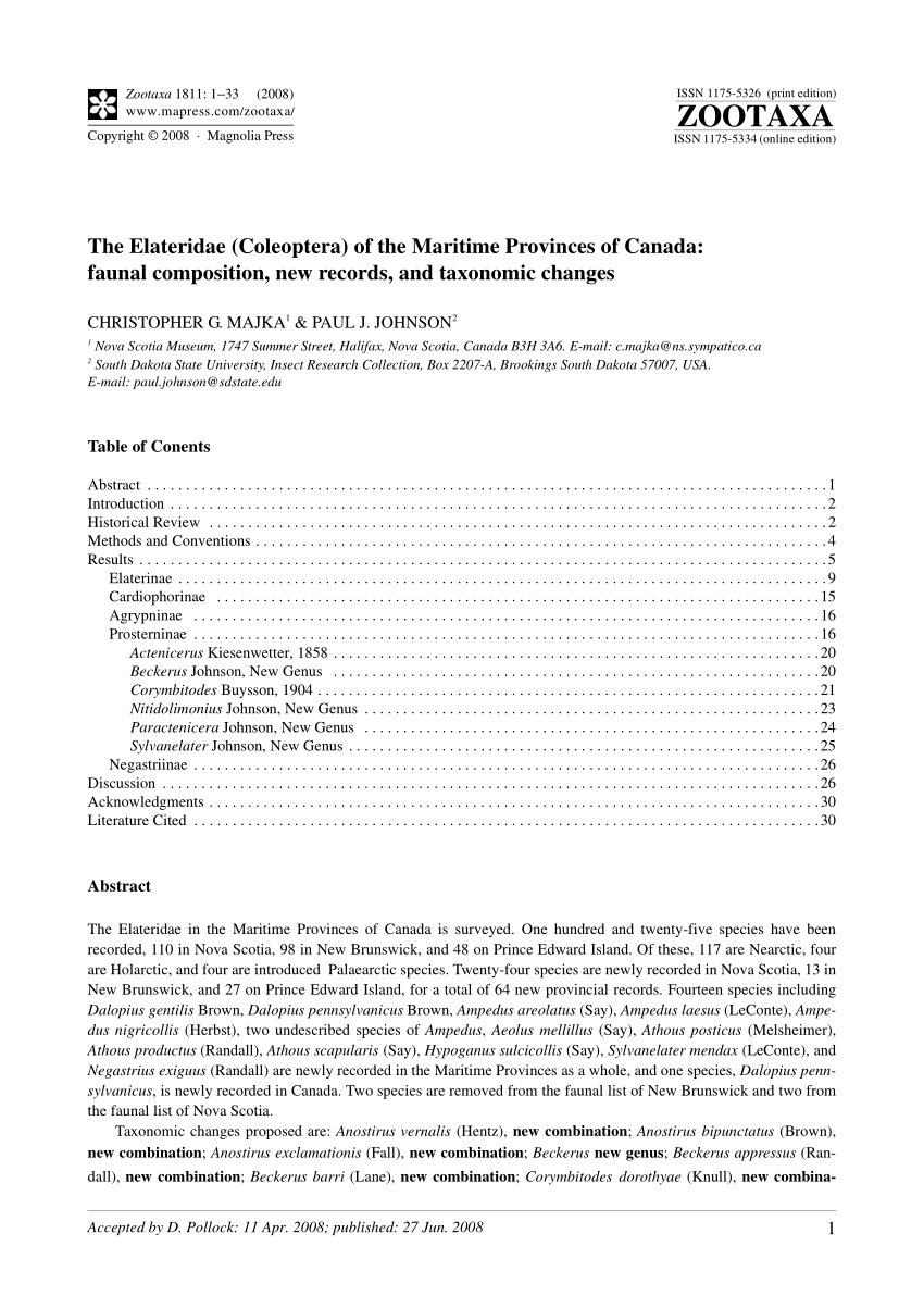 Pdf The Elateridae Coleoptera Of The Maritime Provinces Of Canada Faunal Composition New Records And Taxonomic Changes