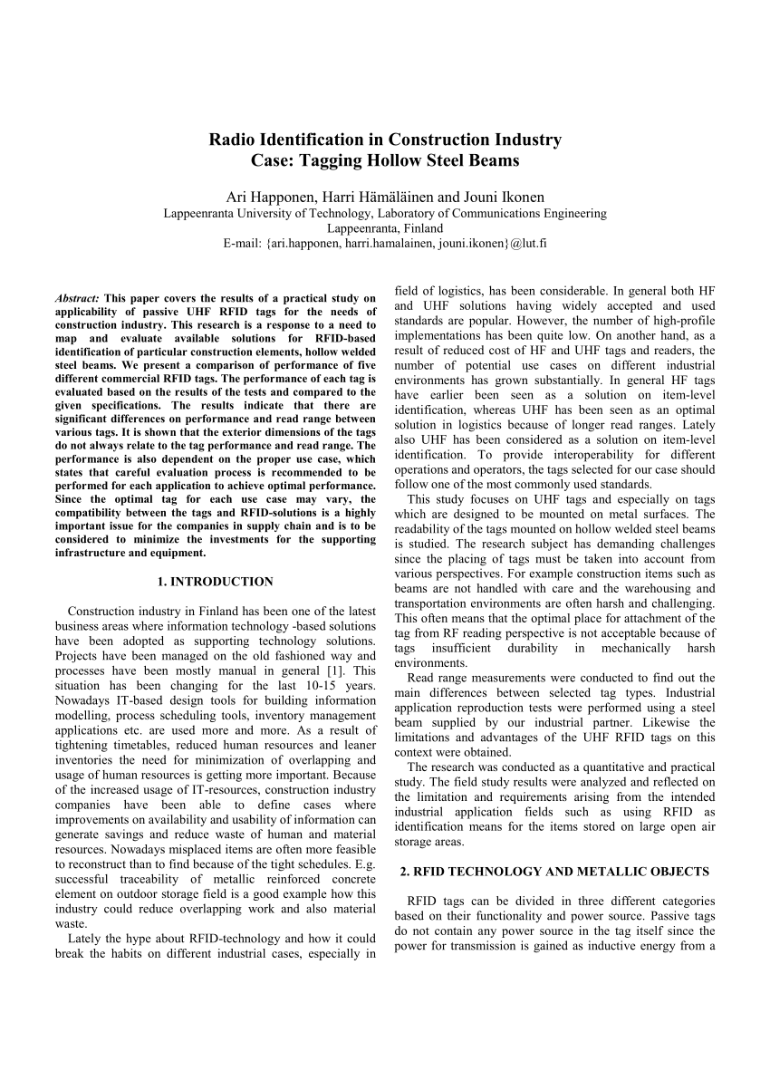 PDF) Radio identification in construction industry case: Tagging hollow  steel beams