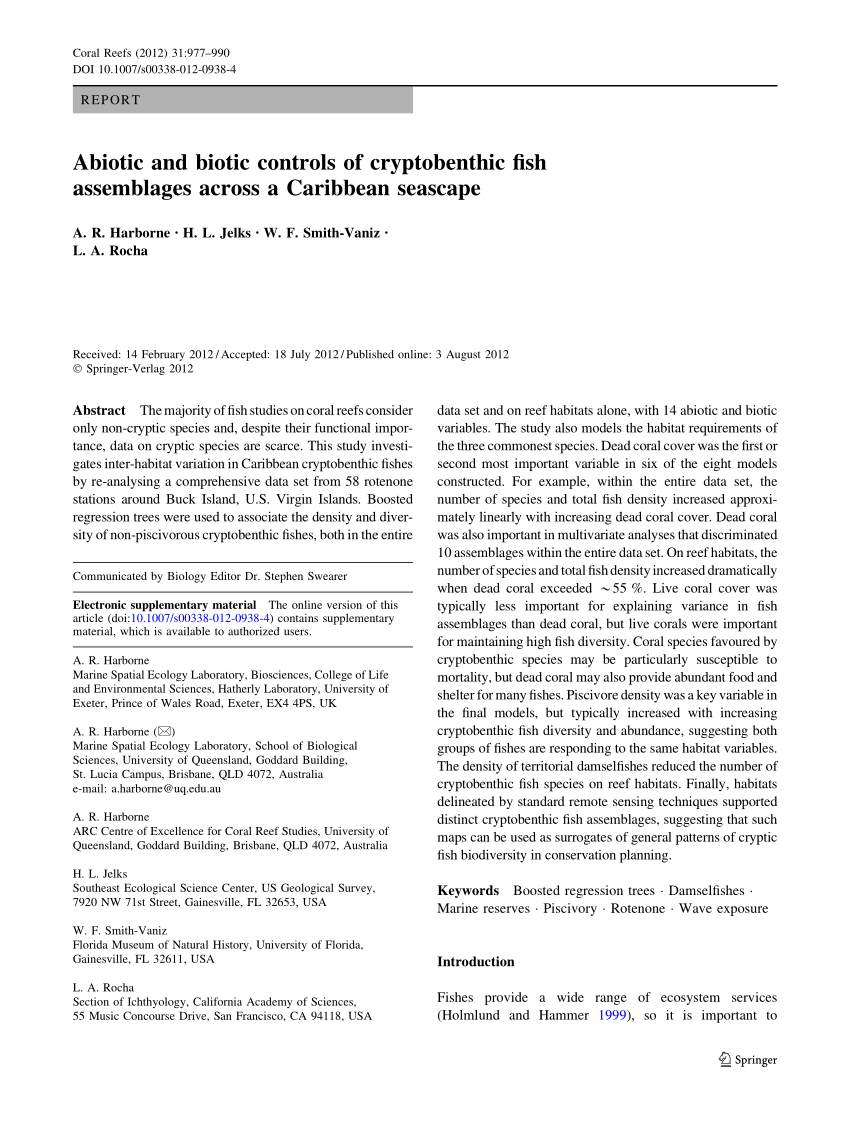 Pdf Abiotic And Biotic Controls Of Cryptobenthic Fish - 