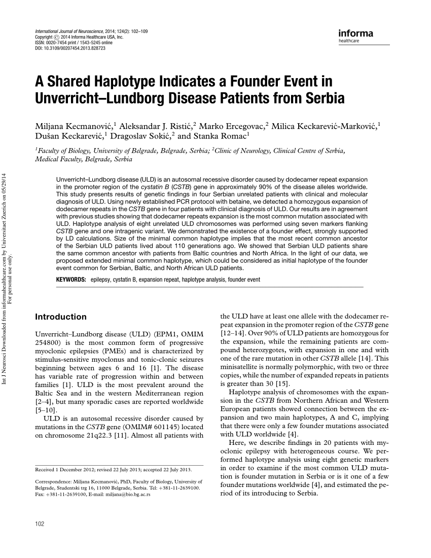 (PDF) A Shared Haplotype Indicates a Founder Event in Unverricht