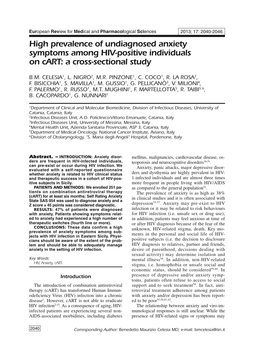 Pdf High Prevalence Of Undiagnosed Anxiety Symptoms Among Hiv Positive Individuals On Cart A Cross Sectional Study