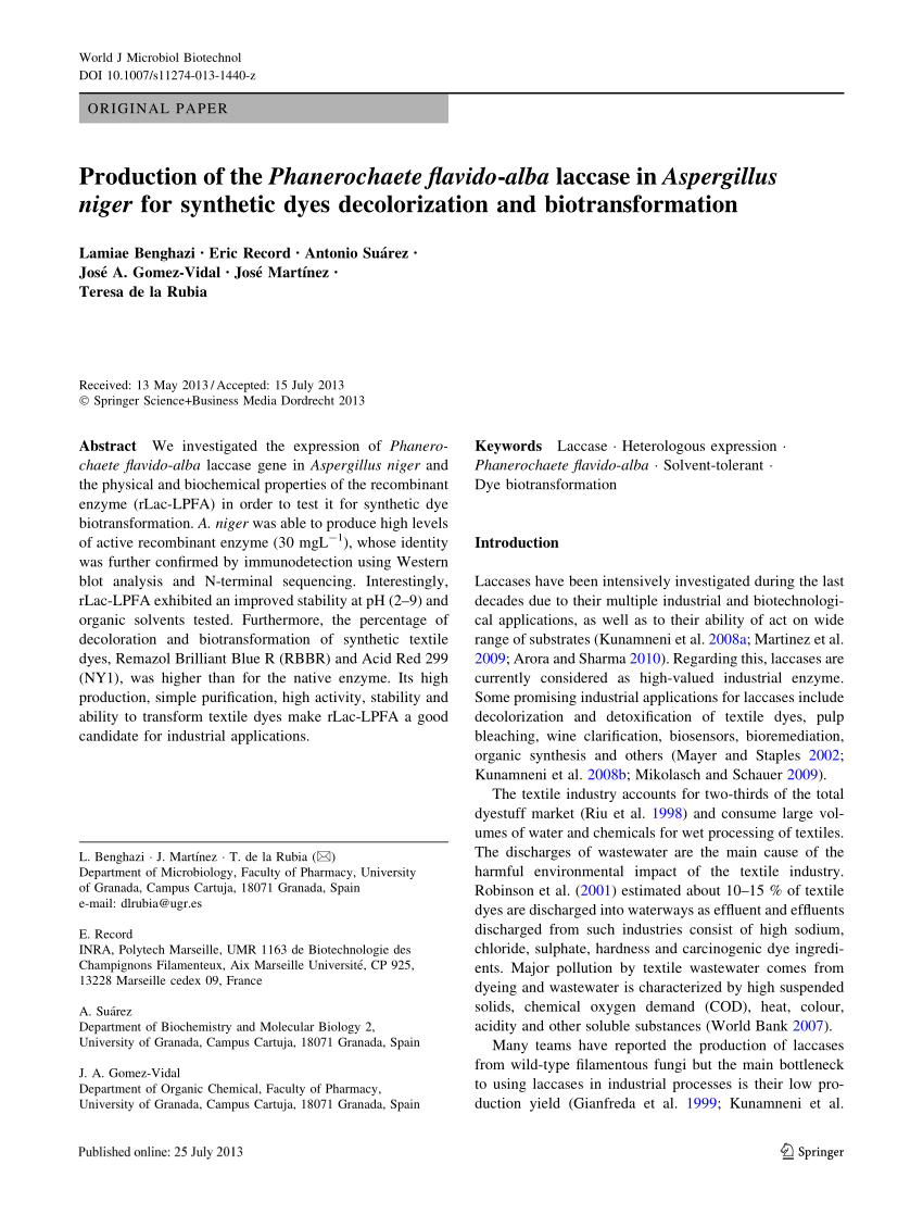 PDF) Production of the Phanerochaete flavido-alba laccase in Aspergillus  niger for synthetic dyes decolorization and biotransformation