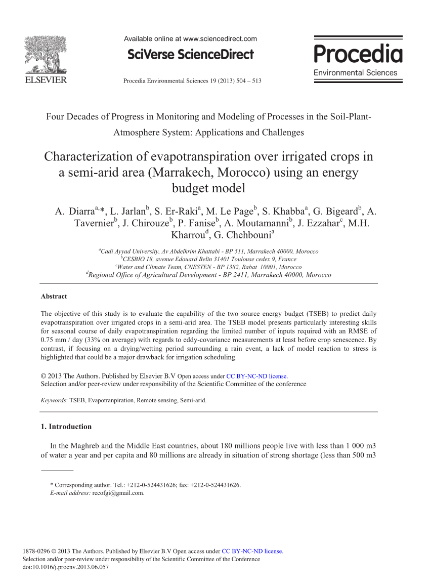 Pdf Characterization Of Evapotranspiration Over Irrigated Crops In A Semi Arid Area Marrakech Morocco Using An Energy Budget Model