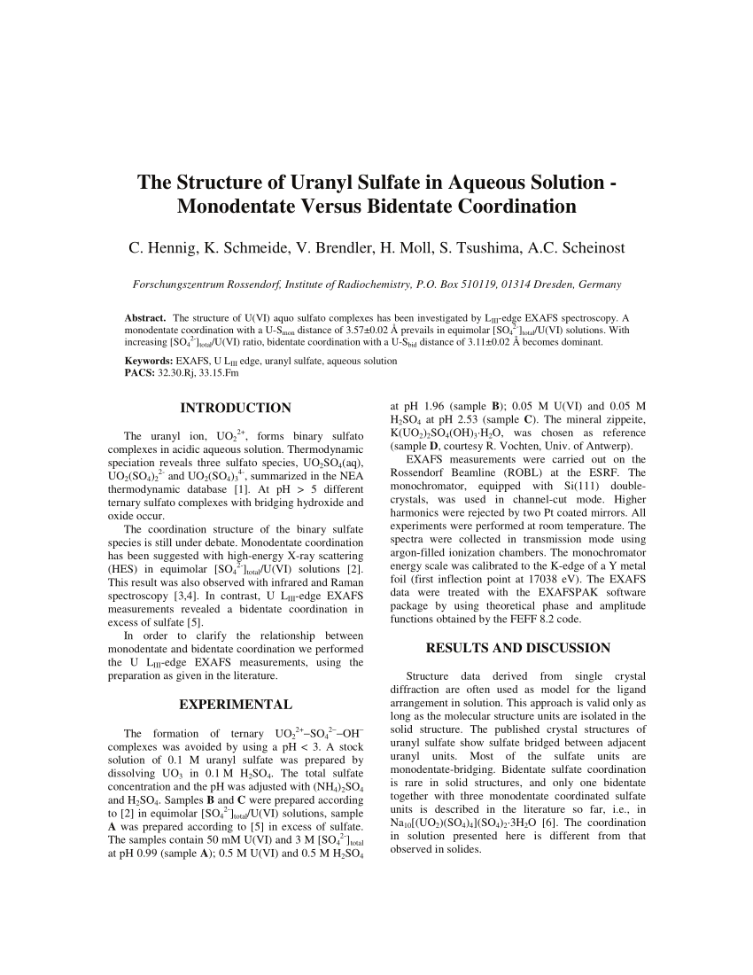 Pdf The Structure Of Uranyl Sulfate In Aqueous Solution Monodentate Versus Bidentate Coordination